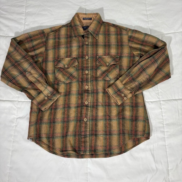Vintage Van Heusen Winterweights Plaid Flannel Recycled Wool Button Shirt Mens L - Picture 1 of 10